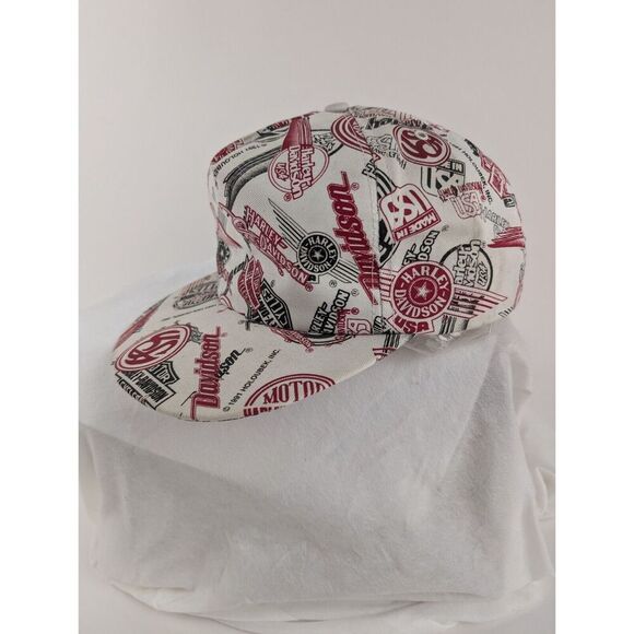 Vintage Harley Davidson 1991 VERNE HOLOUBEK Allover Logo Red Black White Hat Cap - Picture 3 of 11